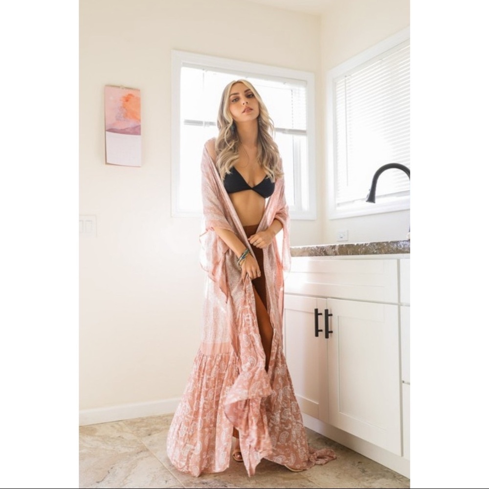 LONG BLUSH BOHO OPEN FRONT CARDIGAN DUSTER KIMONO WRAP - Picture 3 of 6